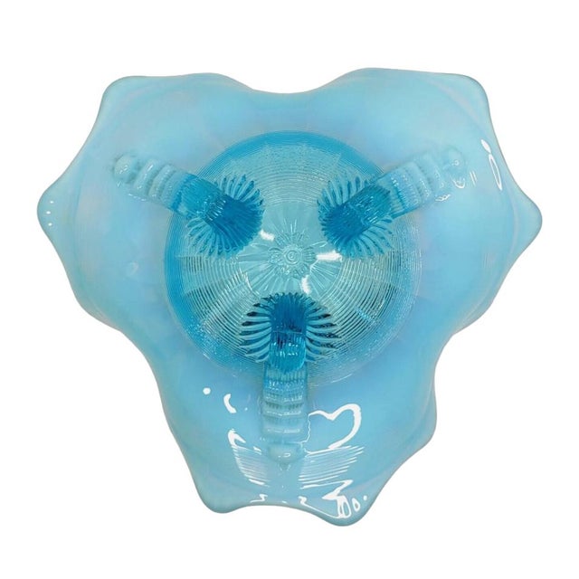 American Vintage Northwood Glass Bowl Klondyke Blue Opalescent 3 Footed Scroll Candy Dish For Sale - Image 3 of 6