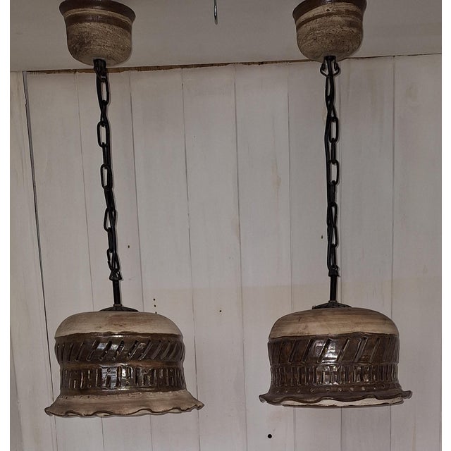 Handmade Rustic Vintage Ceiling Lamps from the 1970s Made of Beige-Brown Ceramic on a Black Iron Chain, Set of 2 For Sale - Image 4 of 9