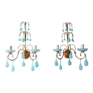 1920s French Blue Opaline Bobeches Drops & Beads Sconces - a Pair For Sale