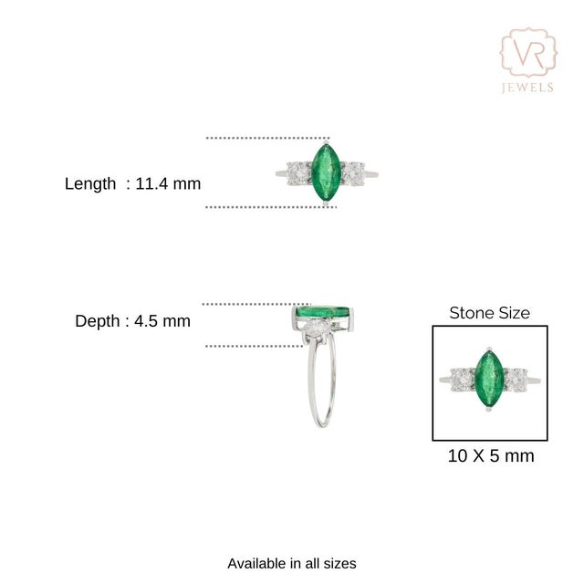 Natural Marquise Emerald & Diamond Three-Stone Engagement Ring Size 7 in 18k Gold For Sale - Image 9 of 14