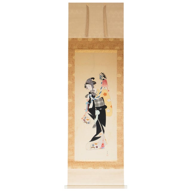 "Beauty With a Puppet" by Getsudo, Showa Era Japanese Silk Scroll Painting For Sale - Image 18 of 18
