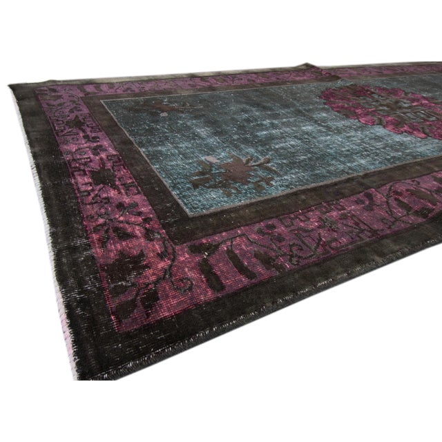 1960s 1960s Vintage Turkish Revival Overdyed Handmade Teal Medallion Wool Runner For Sale - Image 5 of 7
