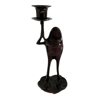 Vintage Brass/Bronze Frog on Lily Pad Candlestick Holder For Sale