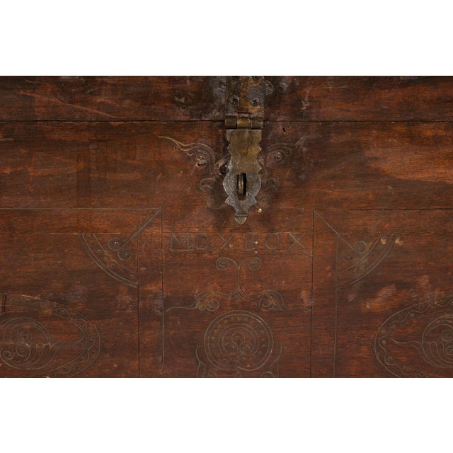 Antique Indian Wedding Trunk with Carved Details, Mirror, and Hidden Storage For Sale - Image 10 of 12