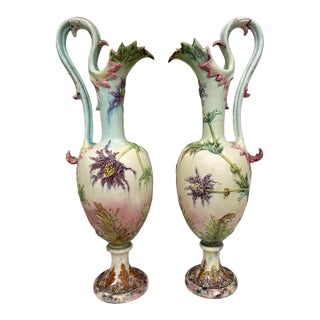 Large 19th Century Pair of Ewers Thistles Vases Delphin Massier For Sale