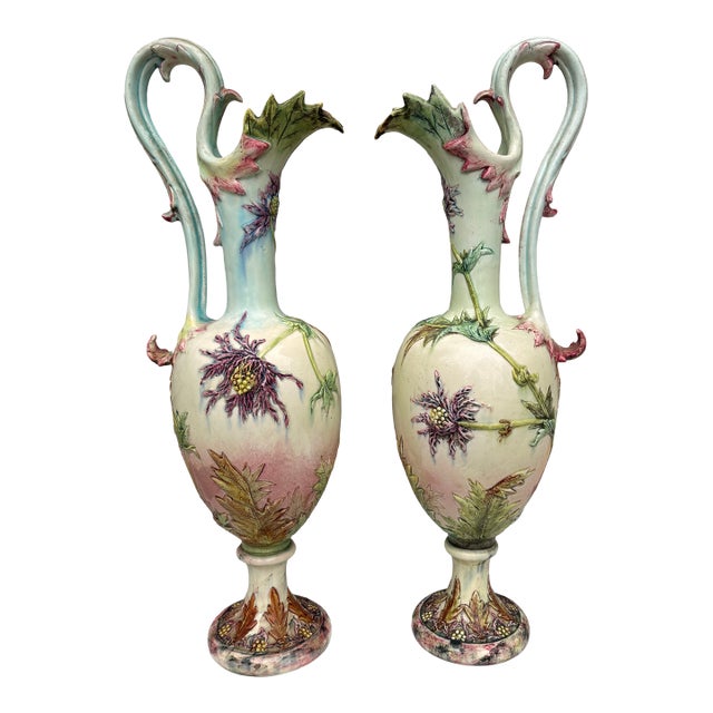 Large 19th Century Pair of Ewers Thistles Vases Delphin Massier For Sale