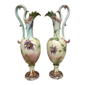 Large 19th Century Pair of Ewers Thistles Vases Delphin Massier
