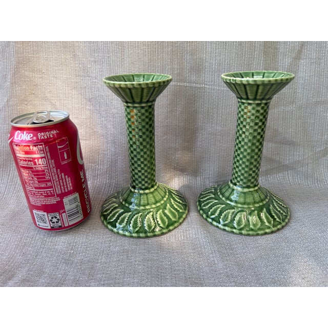 Ceramic Vintage Bordallo Pinheiro Green Ceramic Candlestick a Pair For Sale - Image 7 of 11