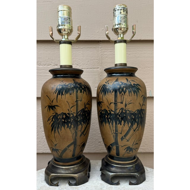 Vintage Chinoiserie Bamboo Motif Lamps - A Pair For Sale - Image 4 of 10