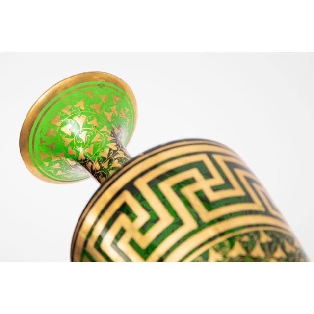 Green Gold 19th Century Crystal Vases, Greek Key Design Attributed Moser - A Pair For Sale - Image 11 of 11