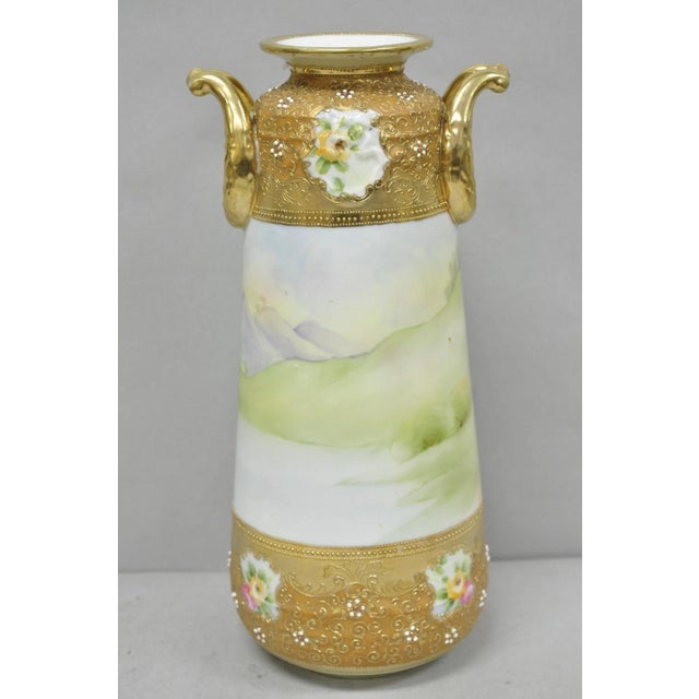 Antique Nippon Hand Painted Lake Scene Art Nouveau Twin Handle Porcelain Vase For Sale - Image 9 of 15