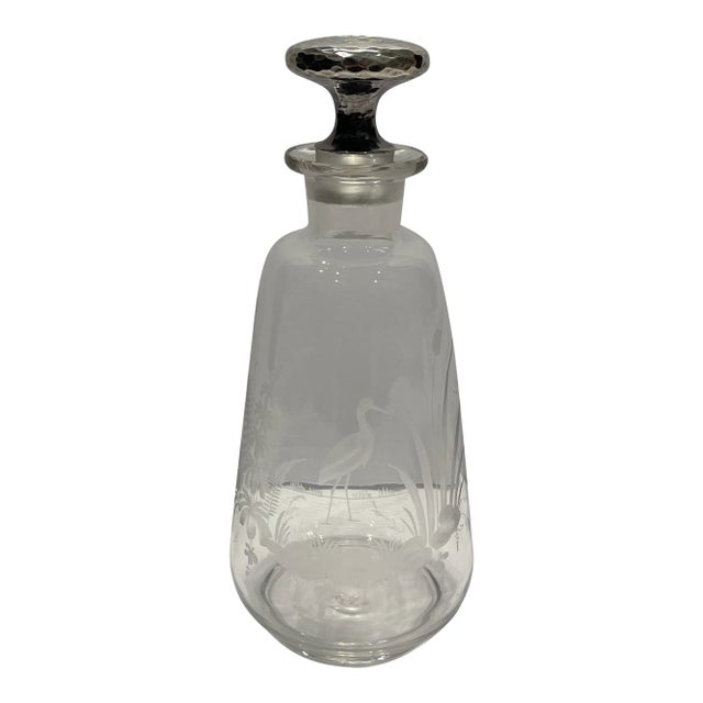 Antique Engraved Stork Glass Decanter or Scent Bottle For Sale
