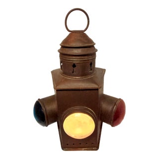 Antique Brass Three-Lens Nautical Navigation Oil Lantern With Red Blue & Clear Lens For Sale