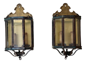Louis XV Bronze Brass Wall Lanterns in Faceted Glass, Germany, 1970s, Set of 2