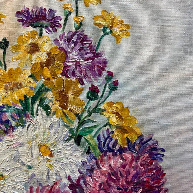 French Artist, Still Life of a Vase of Dahlias, 1960s, Oil on Canvas For Sale - Image 4 of 10