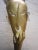 A large steel statue of a hand cut figural mask with lively wire hair in a mottled dark Vintage gold / brass painted...