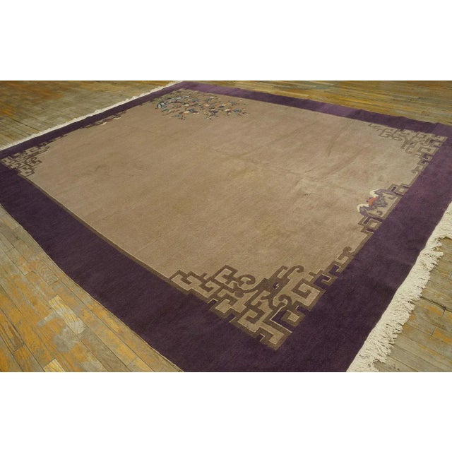 Art Deco 1920s Tan Sand Chinoiserie Antique Chinese Art Deco Carpet 9'3'' X 11'8' Wool Knotted Rug For Sale - Image 3 of 9