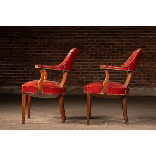 Mid 20th Century Mid 20th Century Pair of Brass Nailhead Leather Captain’s Armchairs in Burnt Orange For Sale - Image 5 of 7