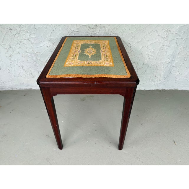 Brown Vintage Carved Wood Needlepoint Bench / Accent Table With Floral Design For Sale - Image 8 of 9