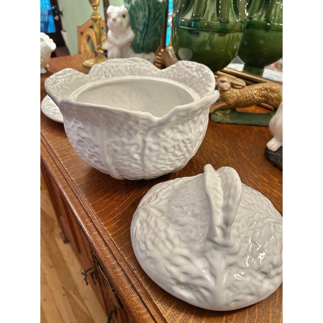 Vintage Portuguese White Majolica Cabbage Ware Tureen With Lid and Underplate For Sale - Image 4 of 10