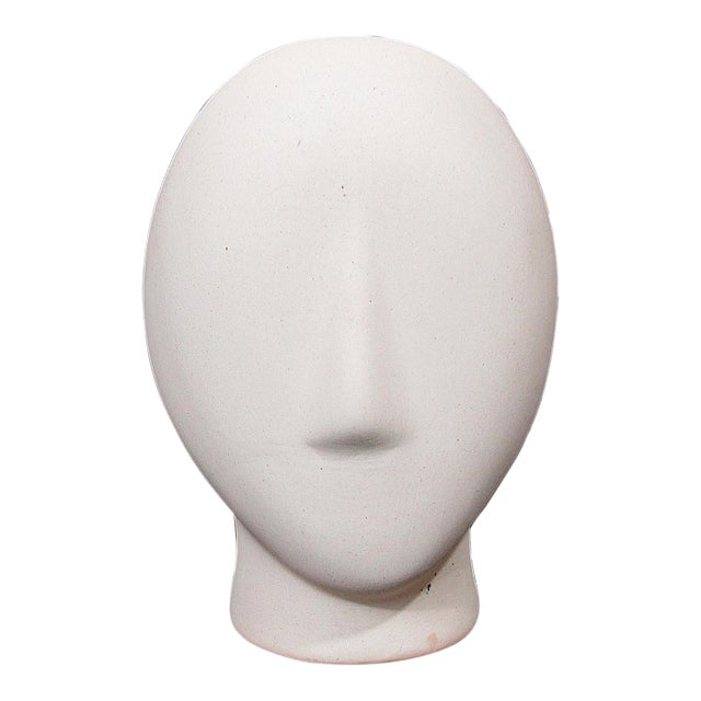 Cycladic-Style Modernist Bisque Ceramic Head Sculpture on Wooden Base For Sale