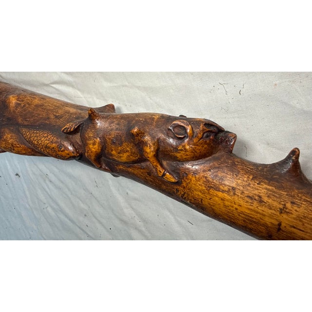 Large Antique 1800's Chinese Foo Dog Carved Wood Folk Art Walking Stick Cane For Sale - Image 13 of 18