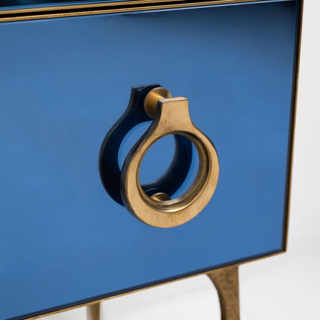 Mid-Century Modern Style Blue Mirrored Chest of Drawers with Brass Details, 2000 For Sale - Image 4 of 7