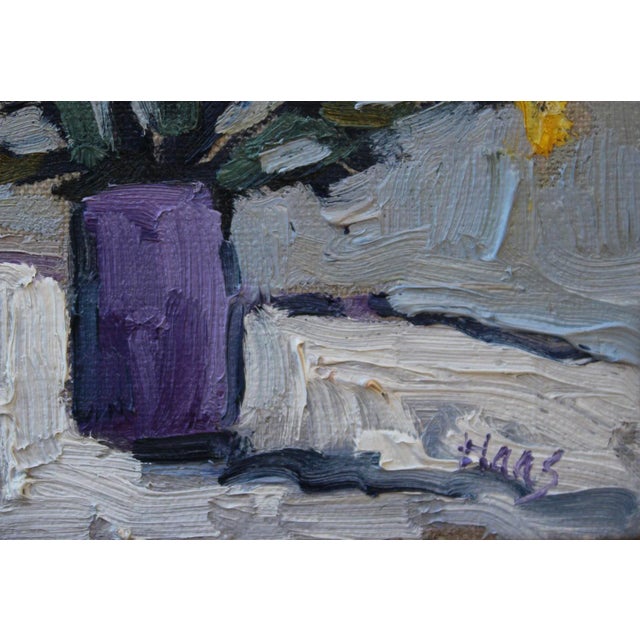 2020s Yellow Flowers With Purple Vase, Oil Painting by L Haas For Sale - Image 5 of 9