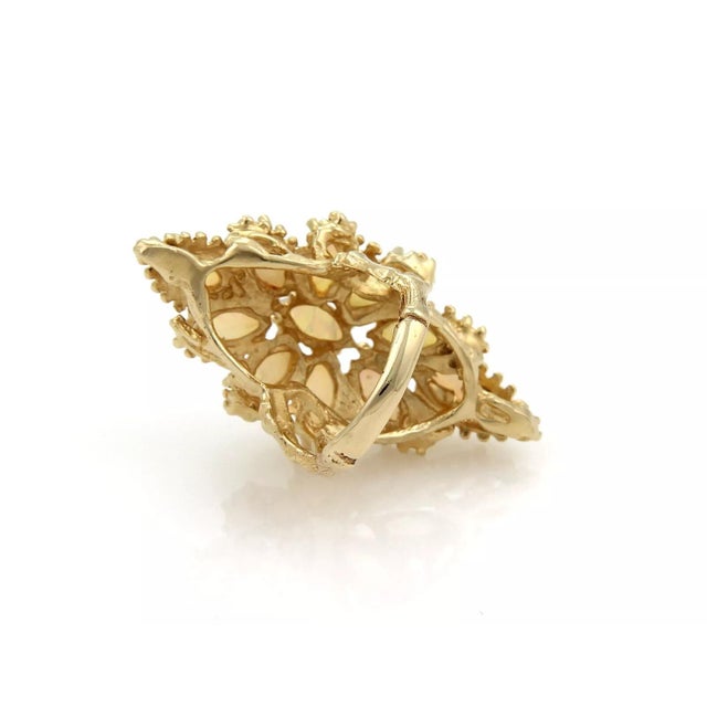 Contemporary Marquise Fire Opal Floral Design Long Finger 14k Yellow Gold Ring, Size 5 For Sale - Image 3 of 5