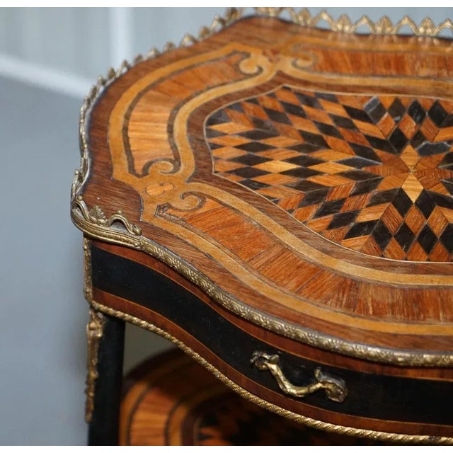 Napoleon III Ebonised and Inlaid Three-Tier Side Table in Fruitwood with Brass Gallery For Sale - Image 5 of 18