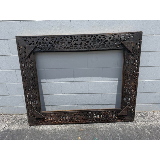 Large Ornate Vintage Hand-Carved & Gilded Indian Wood Mirror or Picture Frame For Sale - Image 9 of 9