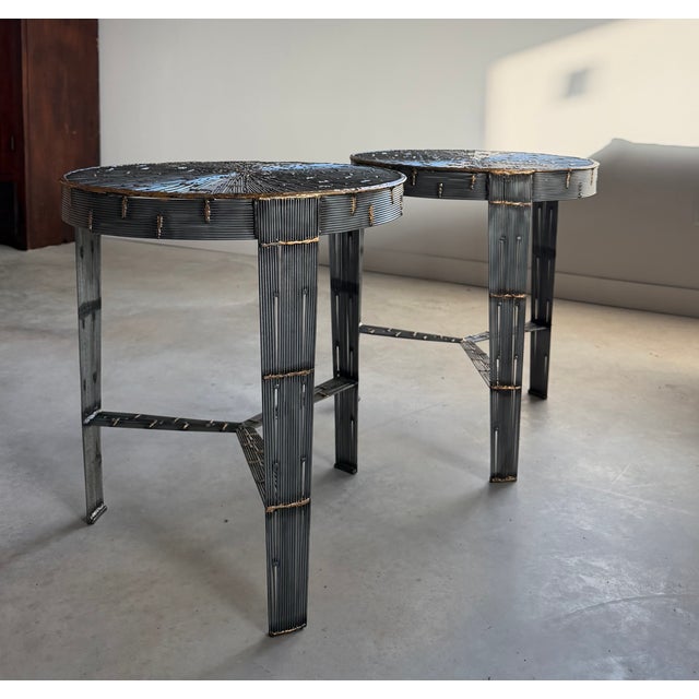 Round Pair of Hand-Welded Steel Rod Brutalist Tables, Set of Two, Tripod Legs For Sale - Image 12 of 17