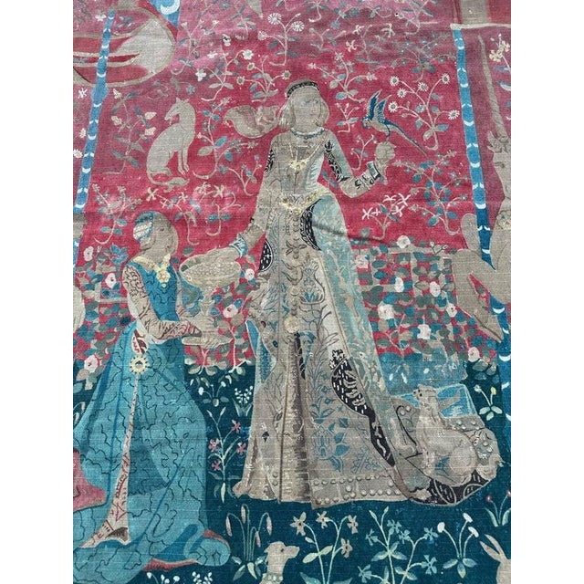 Blue Antique French Screen Printed Tapestry Lady and Licorn, 1950s For Sale - Image 8 of 18