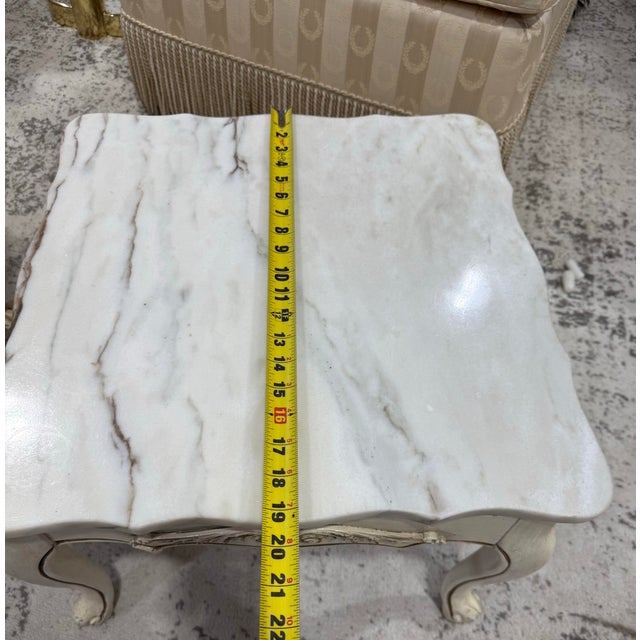 Gold French Louis XV Style Vintage Pair Marble Top Low End Tables For Sale - Image 8 of 11