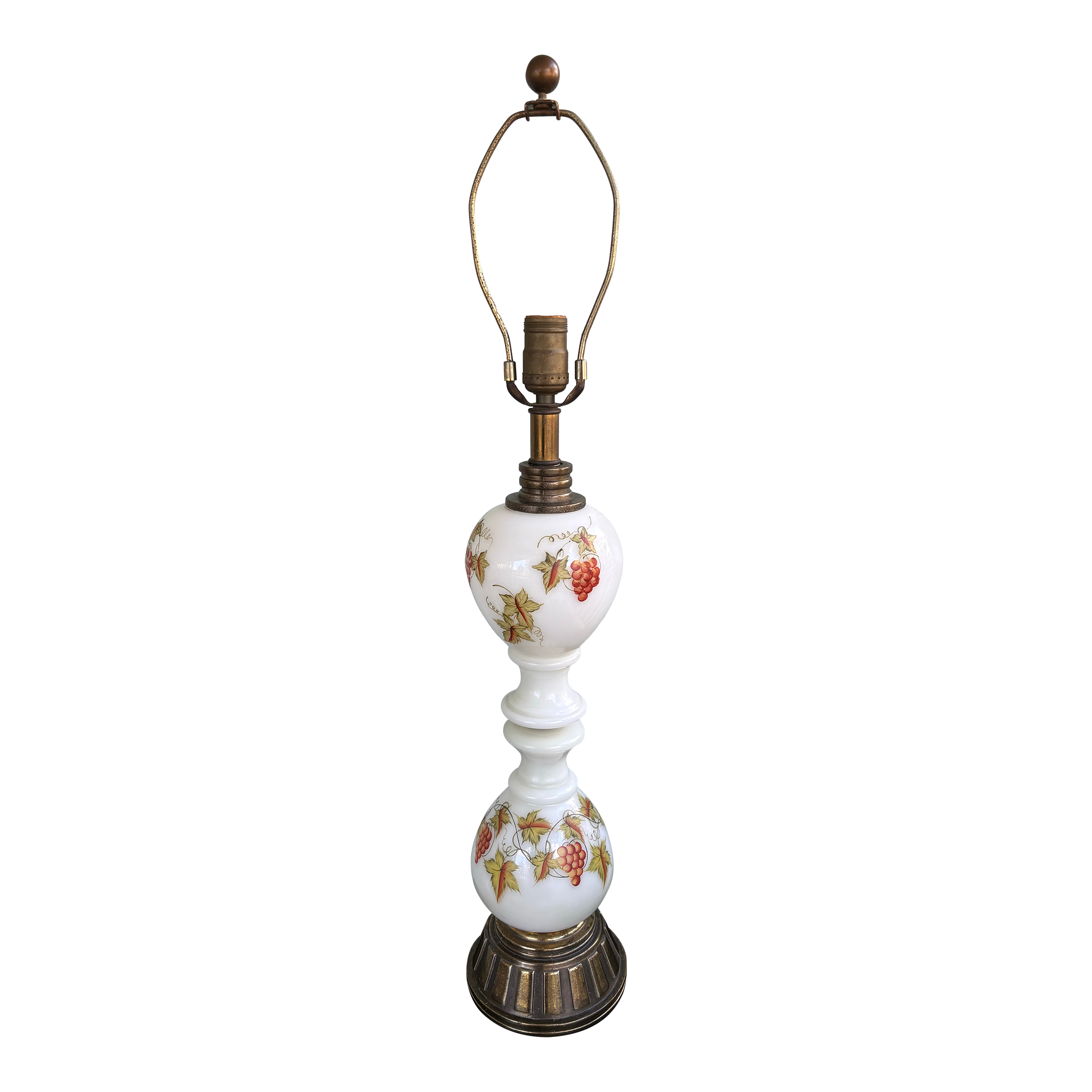 Vintage 1970s Milk Glass Table Lamp With Grape Motif and Brass