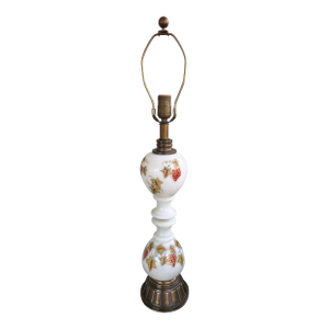 Vintage 1970s Milk Glass Table Lamp With Grape Motif and Brass Base