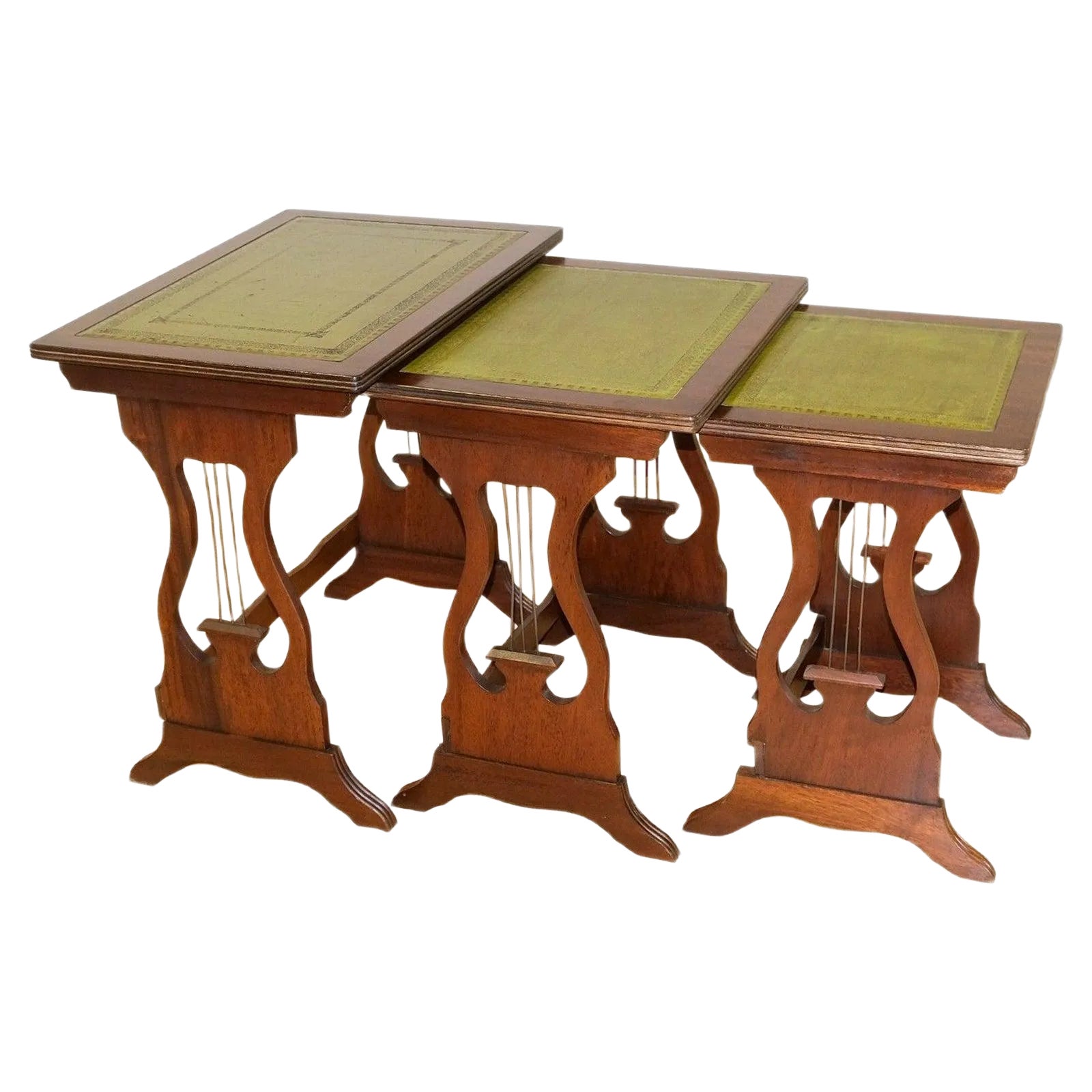 Mahogany Nesting Tables with Green Leather Tops & Harp Shaped Support ...