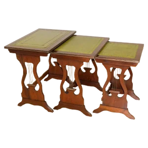 Mahogany Nesting Tables with Green Leather Tops & Harp Shaped Support Sides, Set of 3