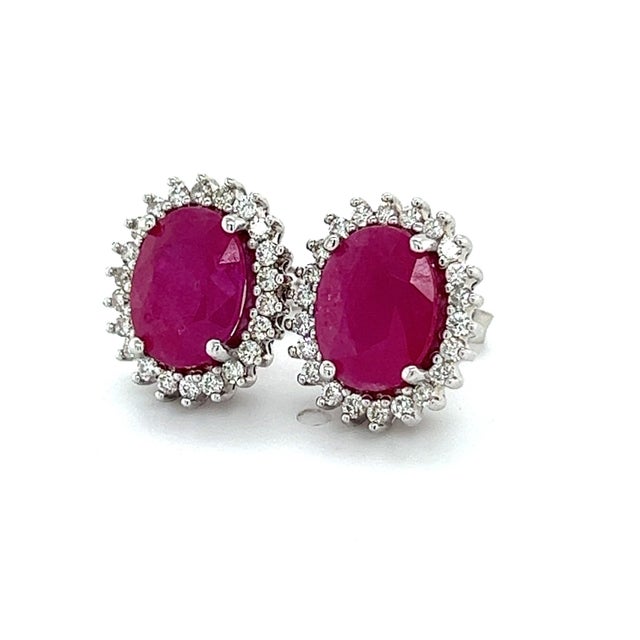 Natural Ruby Diamond Stud Earrings 14k W Gold 5.74 TCW Certified For Sale - Image 4 of 8