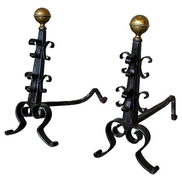 Black 19th French Wrought Iron Firedogs or Andirons For Sale - Image 8 of 8