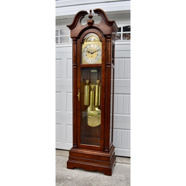 Ridgeway Cherry Grandfather Clock Vintage Brass Dial Moving Moon Phase Windsor For Sale - Image 18 of 18