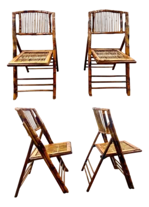 Mid Century Modern Organic Hand Crafted Bamboo Folding Chair, Set of 4
