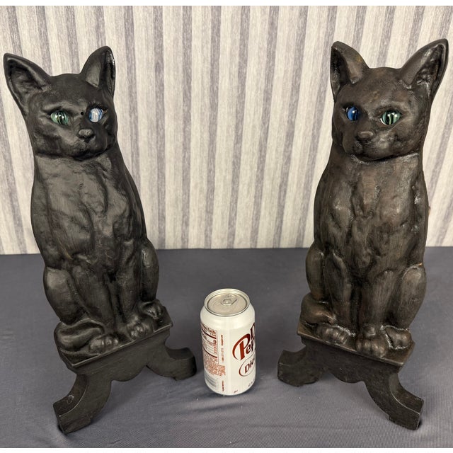 Tennesse chrome plating co 1930s Black Cat Iron Andirons With Glass Marble Eyes For Sale - Image 4 of 11