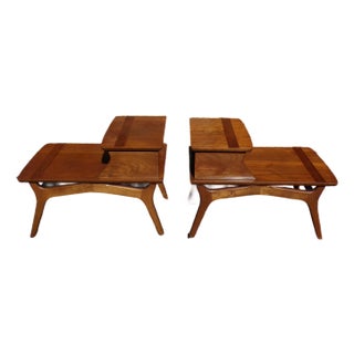 Vintage Pair Mid Century Modern Walnut Two Tiered Step End Tables Baumritter For Sale