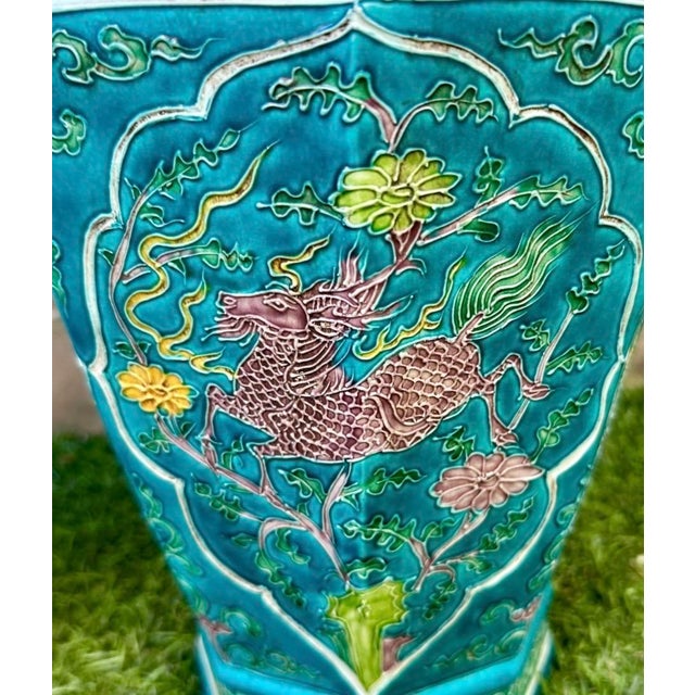 Ceramic Rare Pair of Chinese Turquoise-Ground Fahua Ware Octagonal Lidded Vases, Ming For Sale - Image 7 of 18