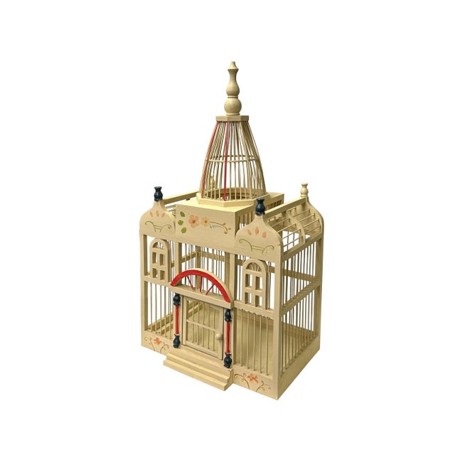 1990s Western House Shape Light Cream Color Wood Birdcage Display For Sale - Image 5 of 7