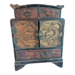 Antique 1880s Chinese Dragon Lacquer Gilt Jewelry Chest Cabinet Qing Dynasty For Sale