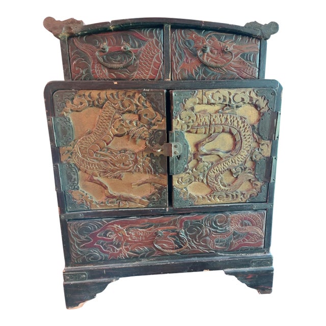 Antique 1880s Chinese Dragon Lacquer Gilt Jewelry Chest Cabinet Qing Dynasty For Sale