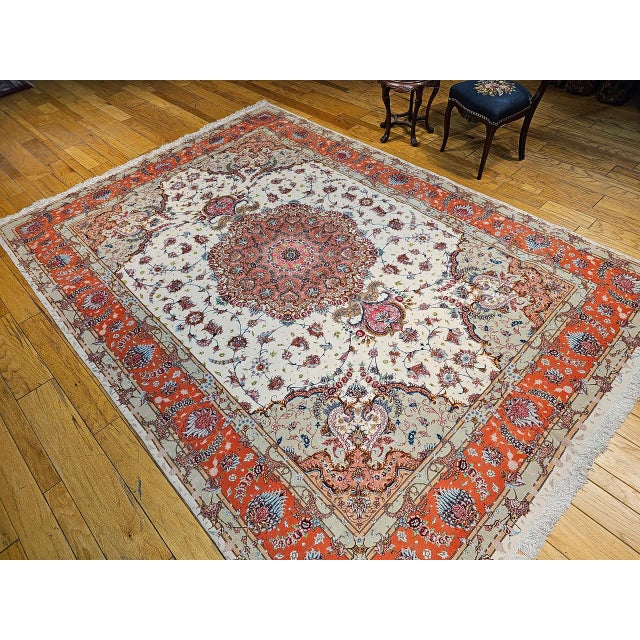 Vintage Persian Tabriz Rug, Hand-Knotted Wool & Silk, Floral Pattern, Ivory & Pink, 8x12 For Sale In Chicago - Image 6 of 18