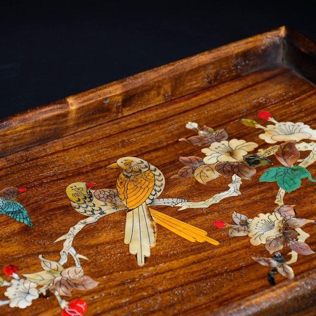 Vintage Huanghuali Wood Tray With Mother-of-Pearl Bird & Flower Inlay For Sale In Los Angeles - Image 6 of 9
